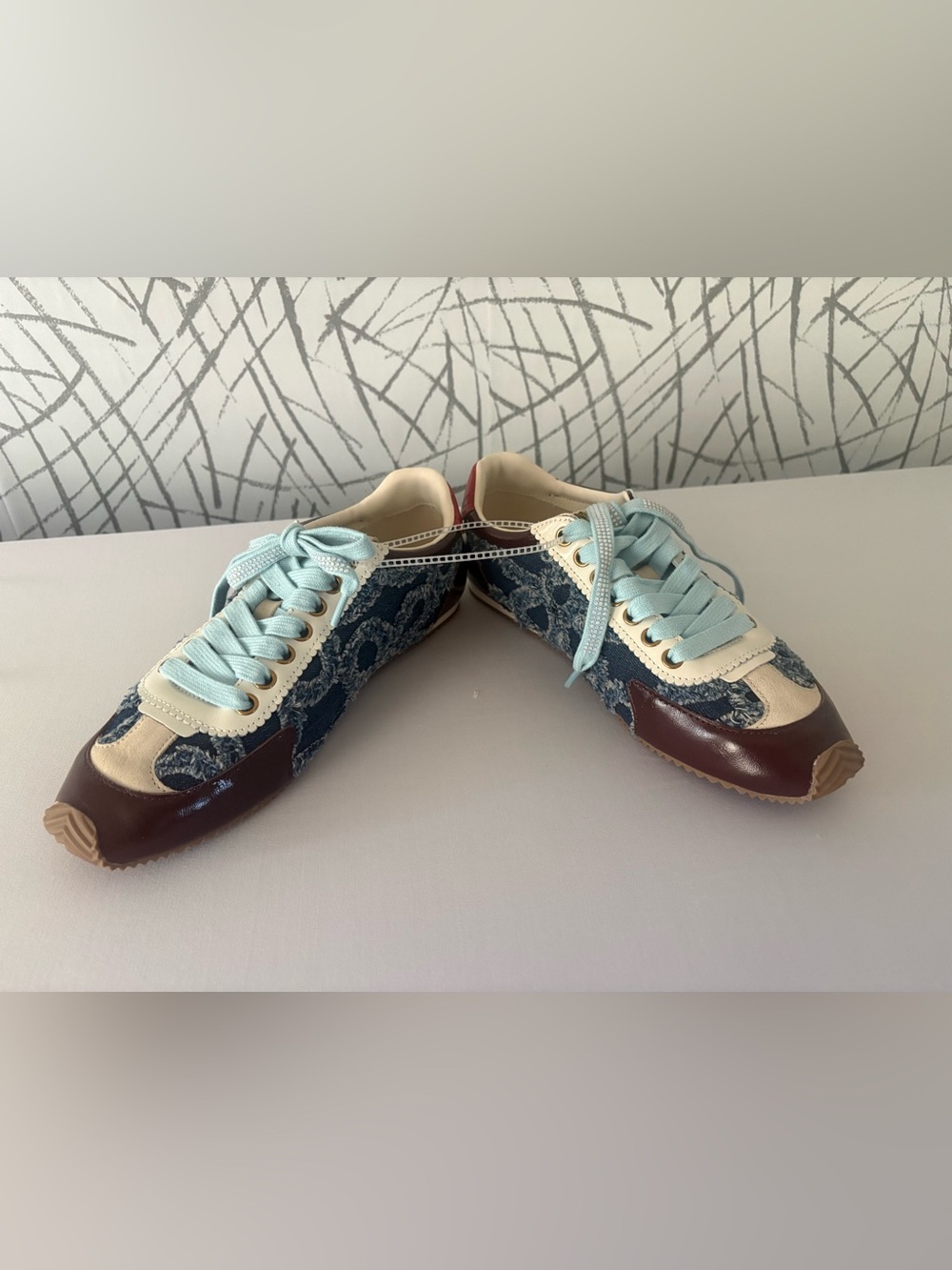 Kurt Geiger London Islington Frayed Denim Sneaker with Leather Accents . - Picture 3 of 13